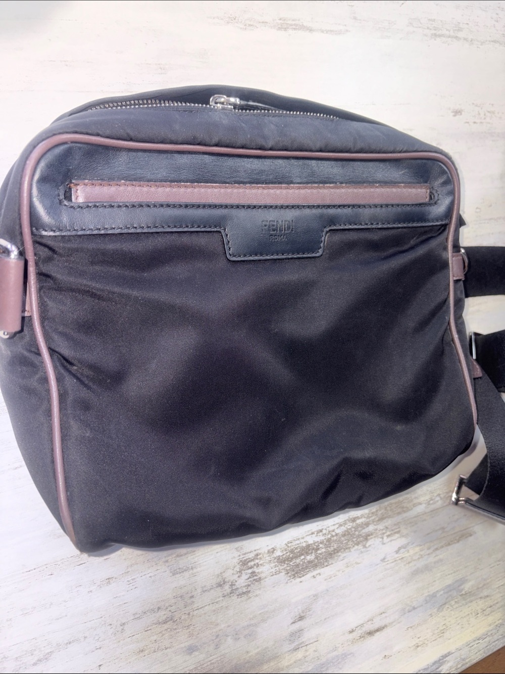 Fendi Black Nylon Messenger Bag with Brown Trim